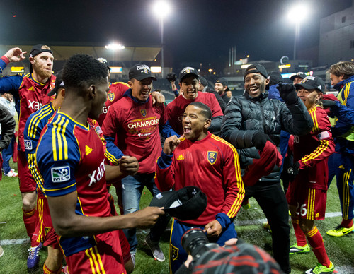 Trent Nelson  |  The Salt Lake Tribune
RSL players celebrate the win as Real Salt Lake faces the Portland Timbers, MLS soccer Sunday November 24, 2013 in Portland.