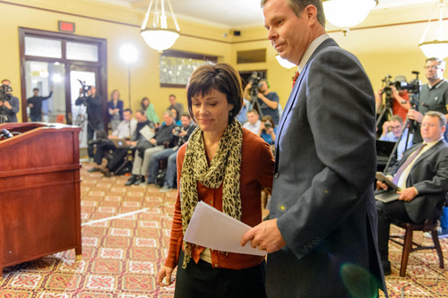 Trent Nelson  |  The Salt Lake Tribune
Utah Attorney General John Swallow and his wife Suzanne leave a press conference after announcing his resignation, Thursday November 21, 2013 in Salt Lake City.