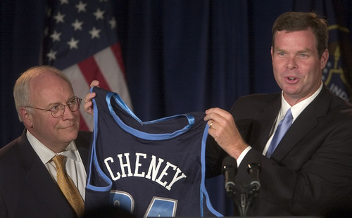 Steve Griffin  |  Tribune file photo

John Swallow, who was running for Congress in Utah's second district, holds up a new Utah Jazz uniform with United States Vice President Dick Cheney's name on it following a speech by the Vice President at the Little America in Salt Lake City July 28, 2004. The jersey was a gift to the Vice President from Swallow.