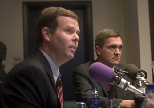 Al Hartmann  |  Tribune file photo

John Swallow debates Jim Matheson at the Hinckley Institute of Politics as the two faced off for the 2nd Distict Congressional seat in 2004.