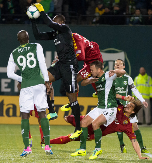 Trent Nelson  |  The Salt Lake Tribune
Portland's Donovan Ricketts (1) makes a save as Real Salt Lake faces the Portland Timbers, MLS soccer Sunday November 24, 2013 in Portland.