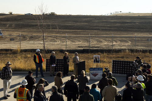 Chris Detrick  |  The Salt Lake Tribune
Salt Lake City Mayor Ralph Becker speaks during a ground-breaking ceremony on a solar farm in Salt Lake City Tuesday November 26, 2013. On completion, the solar array will produce 1 megawatt of renewable energy from 3,000 panels covering roughly four acres. The project was financed as part of the publicly approved new Public Safety Building and will help that facility achieve a net zero energy rating.