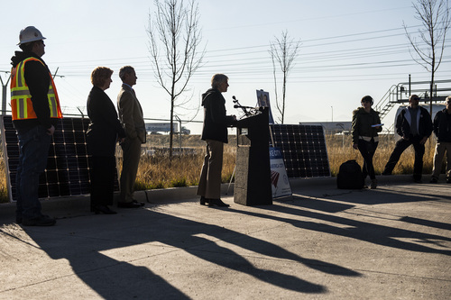 Chris Detrick  |  The Salt Lake Tribune
Salt Lake City Sustainability Director Vicki Bennett speaks during a ground-breaking ceremony on a solar farm in Salt Lake City Tuesday November 26, 2013. On completion, the solar array will produce 1 megawatt of renewable energy from 3,000 panels covering roughly four acres. The project was financed as part of the publicly approved new Public Safety Building and will help that facility achieve a net zero energy rating.
