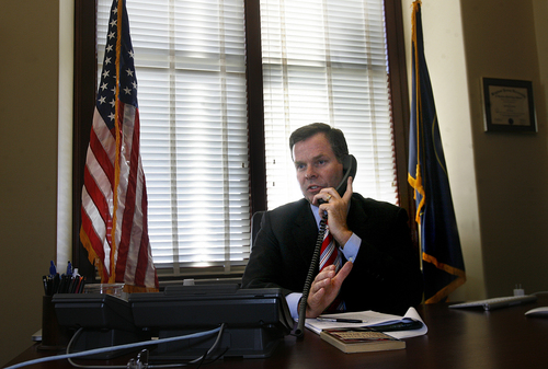 Scott Sommerdorf   |  The Salt Lake Tribune

Utah Attorney General John Swallow in his office on the day it was announced the U.S. Department of Justice will not prosecute him, Thursday, September 12, 2013. Utah democrats are seeking to have his election wiped off the books.