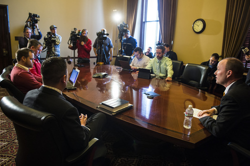 Chris Detrick  |  The Salt Lake Tribune
Utah Lt. Gov. Spencer Cox speaks during a press conference at the Utah State Capitol Wednesday November 27, 2013.