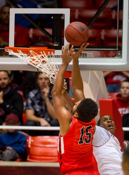 Trent Nelson  |  The Salt Lake Tribune
Ball State's Franko House (15) shoots over Utah's Princeton Onwas (3) as the University of Utah hosts Ball State, NCAA basketball Wednesday November 27, 2013 at the Huntsman Center in Salt Lake City.