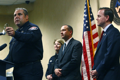 Chris Detrick  |  The Salt Lake Tribune
West Valley City Police Chief Lee Russo speaks during a press conference at West Valley City Hall Tuesday August 27, 2013. "I saw this as an opportunity that I was well-matched for," Lee Russo said at a news conference Tuesday, announcing his selection. At right is former Acting Chief Anita Schwemmer, West Valley City Manager Wayne Pyle and West Valley City Mayor Mike Winder.