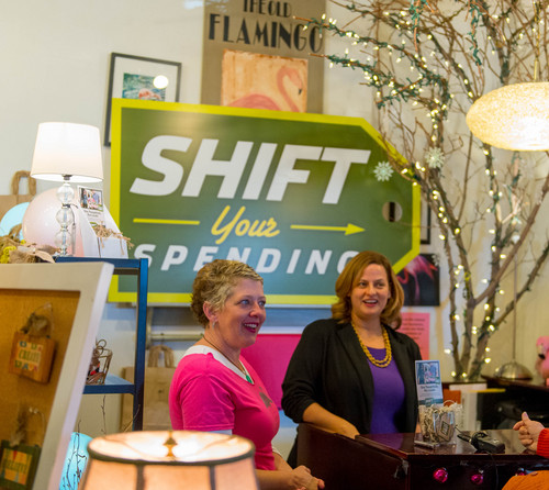 Trent Nelson  |  The Salt Lake Tribune
Artist Shauna Barrett, left, and Nan Seymour, executive director of Local First Utah, at The Old Flamingo in East Millcreek. Friday November 29, 2013. Salt Lake County Mayor Ben McAdams and Local First Utah are encouraging residents to "Shift Your Spending" to local businesses this holiday season.