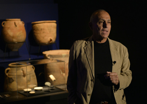 Al Hartmann  |  The Salt Lake Tribune
Dr. Uzi Dahari, deputy director of Israel Antiquities Authority, explains a pottery exhibit at the Dead Sea Scrolls exhibit at The Leonardo in Salt Lake City.