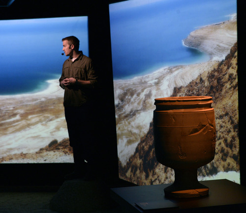 Al Hartmann  |  The Salt Lake Tribune
A docent interprets the scene of the Dead Sea where the scrolls were found as one walks the Desert Orientation Theater at the Dead Sea Scrolls exhibit at The Leonardo in Salt Lake City.