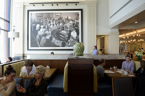 Rick Egan  |  The Salt Lake Tribune 
Giant historical photos cover the walls of the Little America Coffee Shop, which reopened on Wednesday after major renovations.