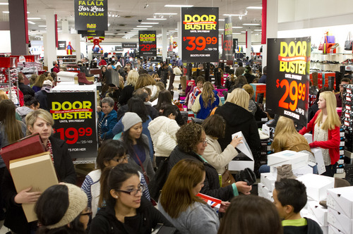 Jeremy Harmon  |  The Salt Lake Tribune

Shoppers pack the shoe aisle at JC Penney Valley Fair Mall location in West Valley as the store opens on Thanksgiving Day, Thursday, November 28, 2013.