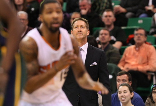 Scott Sommerdorf   |  The Salt Lake Tribune
Phoenix Suns head coach Jeff Hornacek watches his team on offense  during first half play, at Energy Solutions Arena, Friday November 29, 2013. Phoenix held a 62-51 lead over the Jazz at the half.