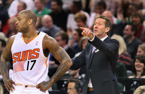 Scott Sommerdorf   |  The Salt Lake Tribune
Phoenix Suns head coach Jeff Hornacek directs his players during first half play, at Energy Solutions Arena, Friday November 29, 2013. At left is Phoenix forward PJ Tucker. Phoenix held a 62-51 lead over the Jazz at the half.