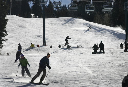 Scott Sommerdorf   |  The Salt Lake Tribune
Skiers and boarders enjoy the clear weather at Brighton Ski Resort up Big Cottonwood Canyon, Sunday December 1, 2013.  The weekend's mild weather is changing Monday night, with snow in the forecast.
