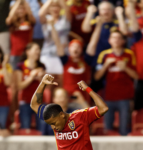 Trent Nelson  |  The Salt Lake Tribune
Real Salt Lake's Joao Plata celebrates his second half goal as Real Salt Lake hosts Charleston Battery in the US Open Cup Wednesday June 12, 2013 at Rio Tinto Stadium in Sandy, Utah.
