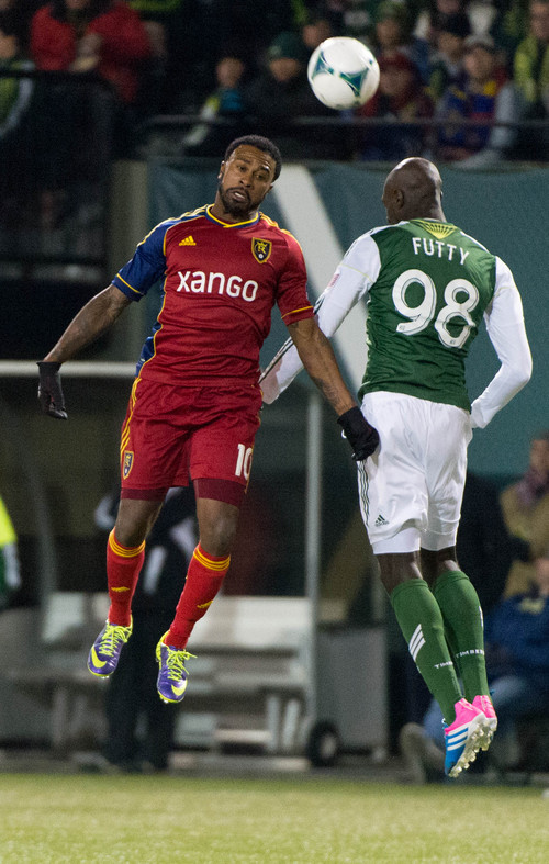 Trent Nelson  |  The Salt Lake Tribune
Real Salt Lake's Robbie Findley (10) and Portland's Mamadou Danso (98) head the ball as Real Salt Lake faces the Portland Timbers, MLS soccer Sunday November 24, 2013 in Porland.