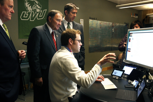 Scott Sommerdorf   |  The Salt Lake Tribune
Utah Governor Gary Herbert speaks with UVU student Andy McDonald who is a Digital Media / Internet Technology major. The Governor had just released his fiscal year 2014 budget recommendations at Utah Valley University, Wednesday December 4, 2013. At the far left is UVU Dean Michael Savoie, and to the Governor's left is UVU President Matthew S. Holland.