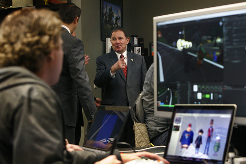 Scott Sommerdorf   |  The Salt Lake Tribune
Utah Governor Gary Herbert speaks with UVU Dean Michale Savoie, and UVU President Matthew S. Holland as they visit an internet technology lab at UVU. The Governor had just released his fiscal year 2014 budget recommendations at Utah Valley University, Wednesday December 4, 2013.