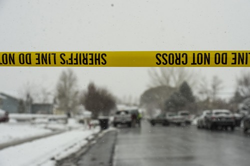 Chris Detrick  |  The Salt Lake Tribune
The scene near 745 Country Club in Stansbury Park Tuesday December 3, 2013. Officers were with the subject involved, the dispatch center posted on its Facebook page. "Officers are still on scene conducting an investigation, but the incident has been cleared." 
As of 1:10 p.m., the Tooele County Sheriff's Office dispatch center announced that the lock downs are being lifted.