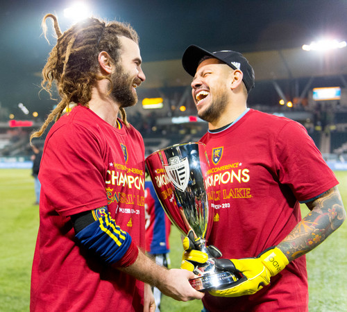 Trent Nelson  |  The Salt Lake Tribune
Real Salt Lake's Kyle Beckerman (5) and Nick Rimando (18) hold the Western Conference trophy after defeating the Portland Timbers, MLS soccer Sunday November 24, 2013 in Portland.