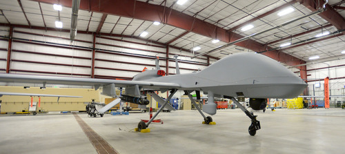 Steve Griffin  |  The Salt Lake Tribune


A Gray Eagle unmanned aircraft in a hangar at the Dugway Proving Ground, in Dugway Utah Thursday, December 5, 2013.
