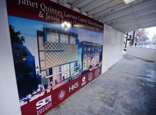 Steve Griffin  |  The Salt Lake Tribune


Artist rendering of the new Jessie Eccles Quinney Ballet Centre on the wall of a temporary sidewalk outside the construction site next to the Capitol Theatre in Salt Lake City, Utah Wednesday, December 4, 2013.