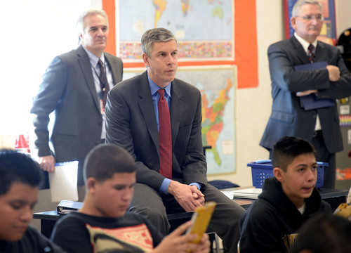 Al Hartmann  |  The Salt Lake Tribune
Education Secretary Arne Duncan visits Northwest Middle School, which in 2010 got a $2.3 million federal School Improvement Grant. Such grants target Title I schools with high populations of impoverished students. The school has shown dramatic improvement in academic performance over the three years.
