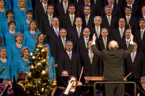 Al Hartmann  |  The Salt Lake Tribune   12/6/2009
Mormon Tabernacle Choir Director Dr. Mack Wilberg leads the Mormon Tabernacle Choir, and Orchestra at Temple Square in the Conference Center at the annual Christmas Devotional.   The three members of the First Presidency spoke to the audience on Christmas themes.