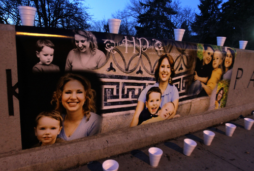 Rick Egan  | The Salt Lake Tribune 

A poster of Susan Powell and her kids, at the vigil at McKinley Park in Tacoma, Monday, February 6, 2012.  Between 300 and 400 people were at the vigil.