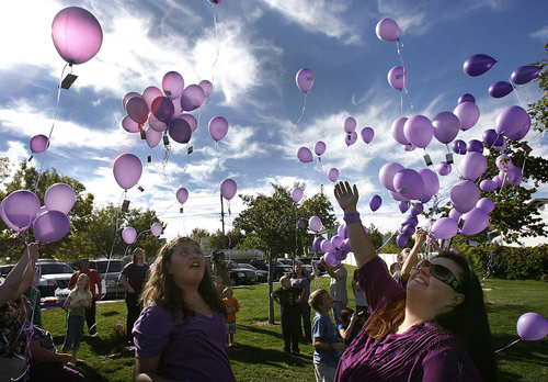 Scott Sommerdorf  |  The Salt Lake Tribune             
After two short speeches, balloons with cards asking for information as to the whereabouts of Susan Powell were released. People gathered to remember missing West Valley City mother Susan Cox Powell's birthday in West View Park  in West Valley City, Saturday, October 15, 2011. Powell would have been 30 today.