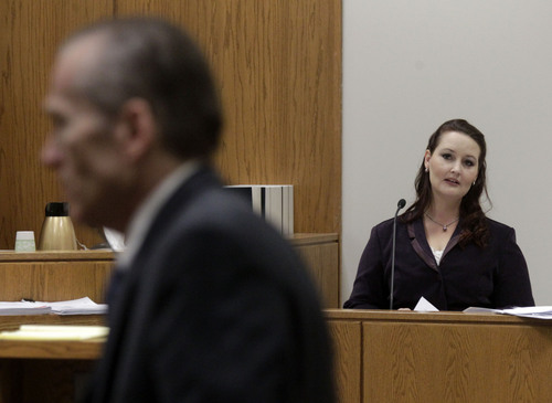 Al Hartmann  |  The Salt Lake Tribune
Gypsy Willis who carried on an affair with Martin MacNeill looks towards Martin MacNeill during a recess in his murder trial in 4th District Court in Provo Utah Thursday November 7,  2013. She read portions of love letters the two exchanged while serving time in federal prison for document fraud.