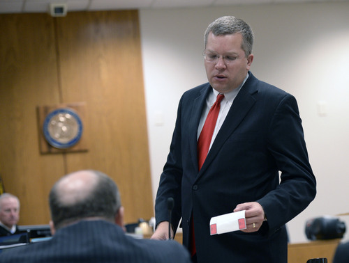 Al Hartmann  |  The Salt Lake Tribune
Prosecuter Craig Johnson presents evidence at Conrad Truman's preliminary hearing in 4th District Court in Provo Friday December 6.  Truman is charged with the murder of his wife, Heidy Truman, in September 2012 and obstruction of justice.