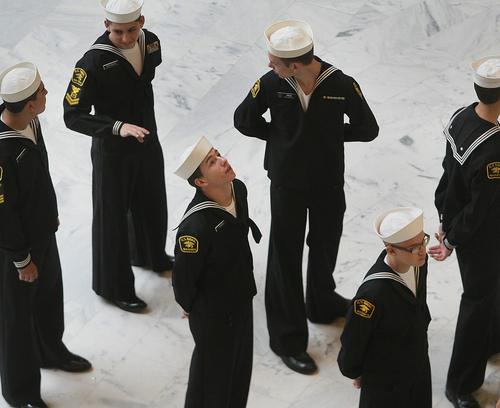 Scott Sommerdorf   |  The Salt Lake Tribune
Sailors rehearsing for Pearl Harbor Day ceremony, admire the Utah state capitol, Saturday December 7, 2013.