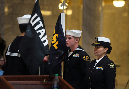 Scott Sommerdorf   |  The Salt Lake Tribune
The "GSL" pennant is retired to make way for the "Utah" pennant during the recommissioning ceremony in the Utah state capitol rotunda. The Great Salt Lake Division of the Naval Sea Cadet Corps was recommissioned as the NSCC Battleship Utah (BB-31), allowing a closer tie to the Navy and the State of Utah and to honor the USS Utah as well as her crew members who served and went down with her, Saturday December 7, 2013.
