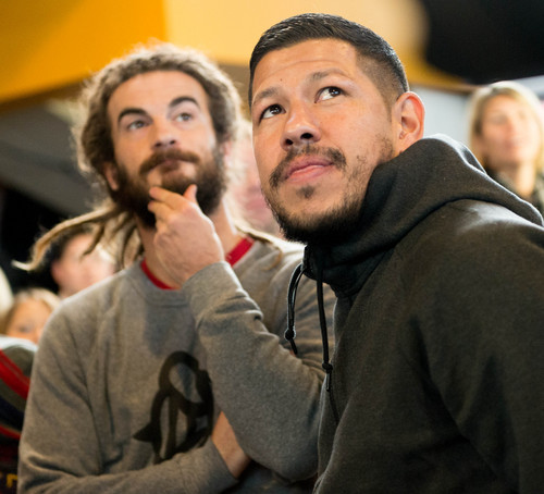 Trent Nelson  |  The Salt Lake Tribune
Real Salt Lake's Kyle Beckerman and Nick Rimando  watch the World Cup draw at Sporting Park in Kansas City, Friday December 6, 2013.