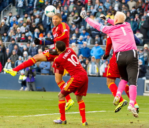 Trent Nelson  |  The Salt Lake Tribune
RSL's Alvaro Saborio puts a header toward the goal as Real Salt Lake faces Sporting KC in the MLS Cup Final at Sporting Park in Kansas City, Saturday December 7, 2013.