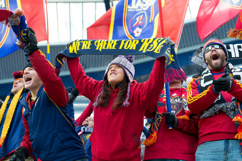 Trent Nelson  |  The Salt Lake Tribune
RSL fans cheer as Real Salt Lake faces Sporting KC in the MLS Cup Final at Sporting Park in Kansas City, Saturday December 7, 2013.