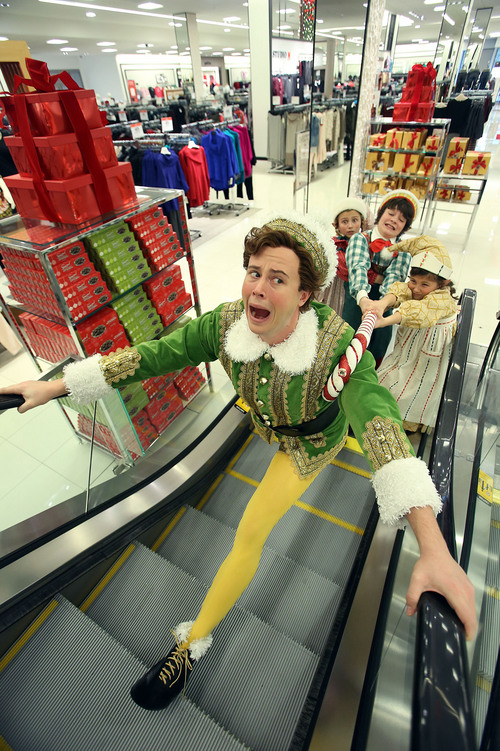Francisco Kjolseth  |  The Salt Lake Tribune
Actor Quinn VanAntwerp stretches out for his role as Buddy the "Elf," while the elves Maggie and Abigail Scott and Brigham Inkley try to lend a hand as part of Pioneer Theatre's latest holiday production.