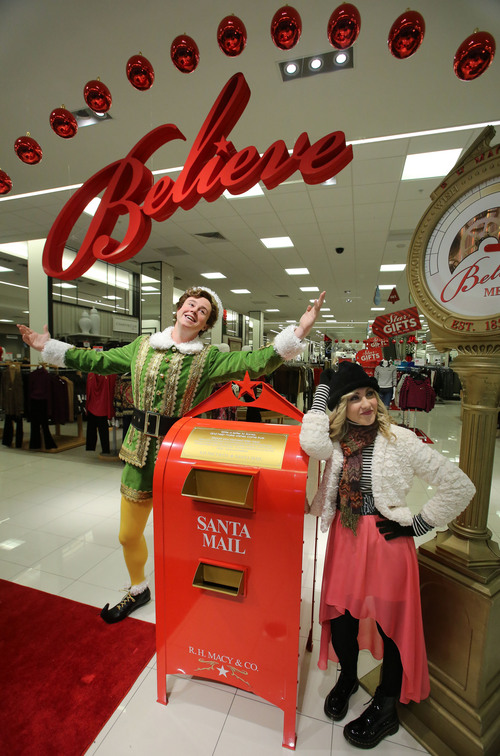 Francisco Kjolseth  |  The Salt Lake Tribune
Actor Quinn VanAntwerp dressed as Buddy the "Elf," is joined by Jovie played by Libby Servais for the upcoming production by Pioneer Theatre Company. Part of the cast assembled at the Macy's store at City Creek mall in Salt Lake City for a production shoot.
