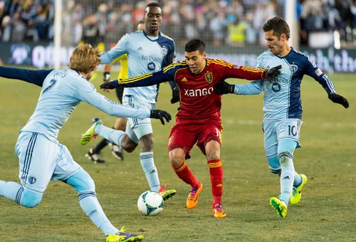 Trent Nelson  |  The Salt Lake Tribune
Real Salt Lake's Javier Morales (11) is surrounded by Sporting KC players as Real Salt Lake faces Sporting KC in the MLS Cup Final at Sporting Park in Kansas City, Saturday December 7, 2013.
