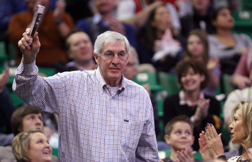 Lennie Mahler  |  The Salt Lake Tribune
Former Utah Jazz head coach Jerry Sloan receives an ovation from the crowd during timeout as the Jazz announced they will retire a banner for him in the rafters at EnergySolutions Arena in an upcoming home game on Jan. 31. Monday, Dec. 9, 2013.