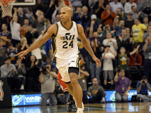 Rick Egan  | The Salt Lake Tribune 

Utah Jazz small forward Richard Jefferson (24) runs back down court after hitting a shot to put the Jazz up 87-80, with12.5 seconds left in overtime, in NBA action, as the Jazz faced the Chicago Bulls, at the EnergySolutions Arena, Monday, November 25, 2013.