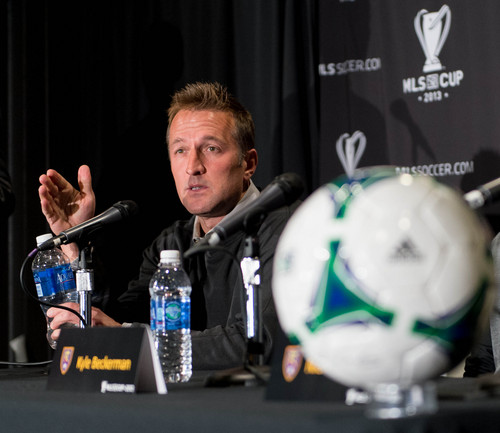 Trent Nelson  |  The Salt Lake Tribune
Real Salt Lake head coach Jason Kreis and Kyle Beckerman speak about their upcoming MLS Cup game during a press conference in Kansas City, Thursday December 5, 2013.