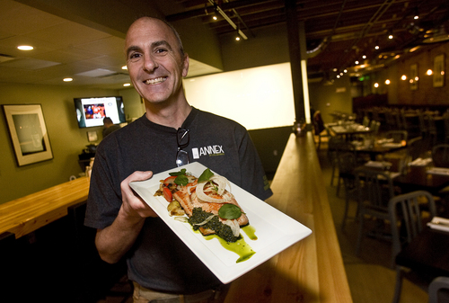 Scott Sommerdorf   |  The Salt Lake Tribune
Chef Robert Angelilli with a plate of trout at The Annex, a new gastropub by the same folks who own Epic Brewing.
