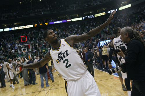 Chris Detrick  |  The Salt Lake Tribune
Utah Jazz power forward Marvin Williams (2) throws mini basketballs into the crowd after the game at EnergySolutions Arena Friday April 12, 2013. The Jazz won the game 107-100.