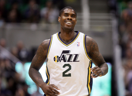 Kim Raff  |  The Salt Lake Tribune
Utah Jazz power forward Marvin Williams (2) celebrates hitting a buzzer beater shot during the second half against the Brooklyn Nets at EnergySolutions Arena in Salt Lake City on March 30, 2013.  The Jazz won the game 116-107.