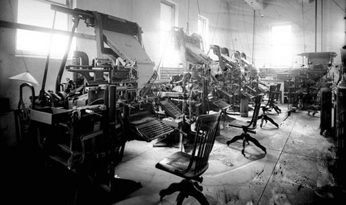 Photo Courtesy Utah State Historical Society

Salt Lake Tribune Linotype Department in 1906. Along with letterpress printing, linotype was the industry standard for newspapers and magazines from the late 19th century to the 1960s and 70s, when it was largely replaced by offset lithography printing and computer typesetting. The name of the machine comes from the fact that it produces an entire line of metal type at once, a significant improvement over the previous industry standard of manual typesetting.