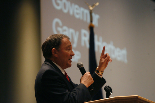 Scott Sommerdorf   |  The Salt Lake Tribune
Utah Governor Gary Herbert gives an update to the committee as The Republican State Central Committee met to choose three names to send to him to replace AG John Swallow. After five ballots they chose: Sean Reyes, Robert Smith, and finally Brian Tarbet, Saturday December 13 2013.