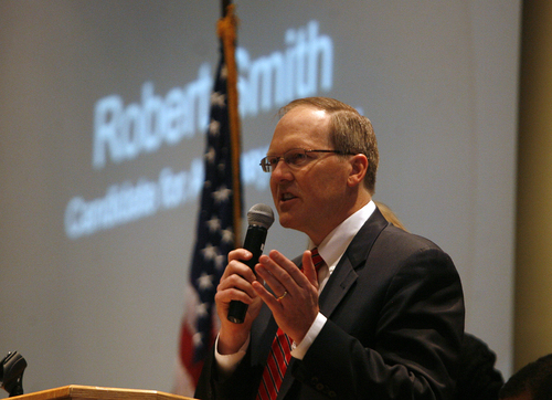 Scott Sommerdorf   |  The Salt Lake Tribune
Robert Smith speaks as The Republican State Central Committee met to choose three names to send to the governor to replace AG John Swallow. After five ballots they chose: Sean Reyes, Robert Smith, and finally Brian Tarbet, Saturday December 13 2013.